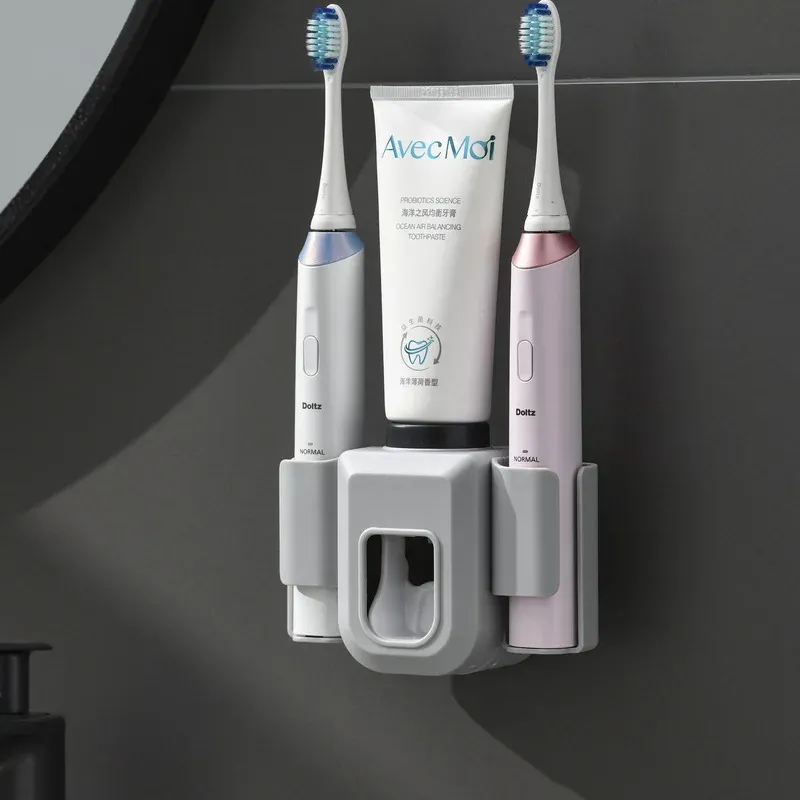 Kafalar Duvara monte otomatik diş macunu dağıtıcı çift delikli elektrikli diş fırçası tutucu diş fırçası organizatör banyo aksesuarları