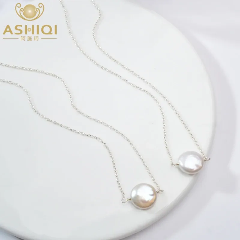 Necklaces ASHIQI Natural freshwater pearl 925 Sterling Silver Necklace 1213mm Button shape pearl Jewelry For women