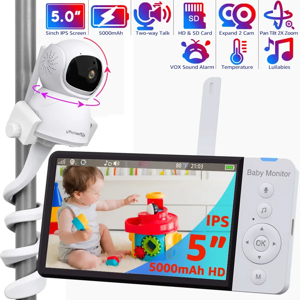 Monitors 5 -calowy monitor dla dzieci HD z kamerą Pantiltzoom 5000 mAh Długotrwałość bateria IPS Screen PTZ Babyphone Baby Camera Uchwyt kamer