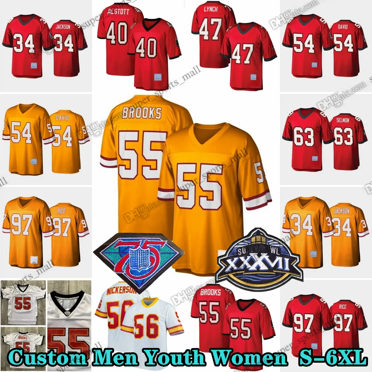 Custom 75th Throwback 55 Derrick Brooks 1995 Maglie da calcio 20 Ronde Barber 13 Mike Evans 88 Jimmie Giles 93 Gerald McCoy 56 Hardy Nickerson 74 Paul Gruber David