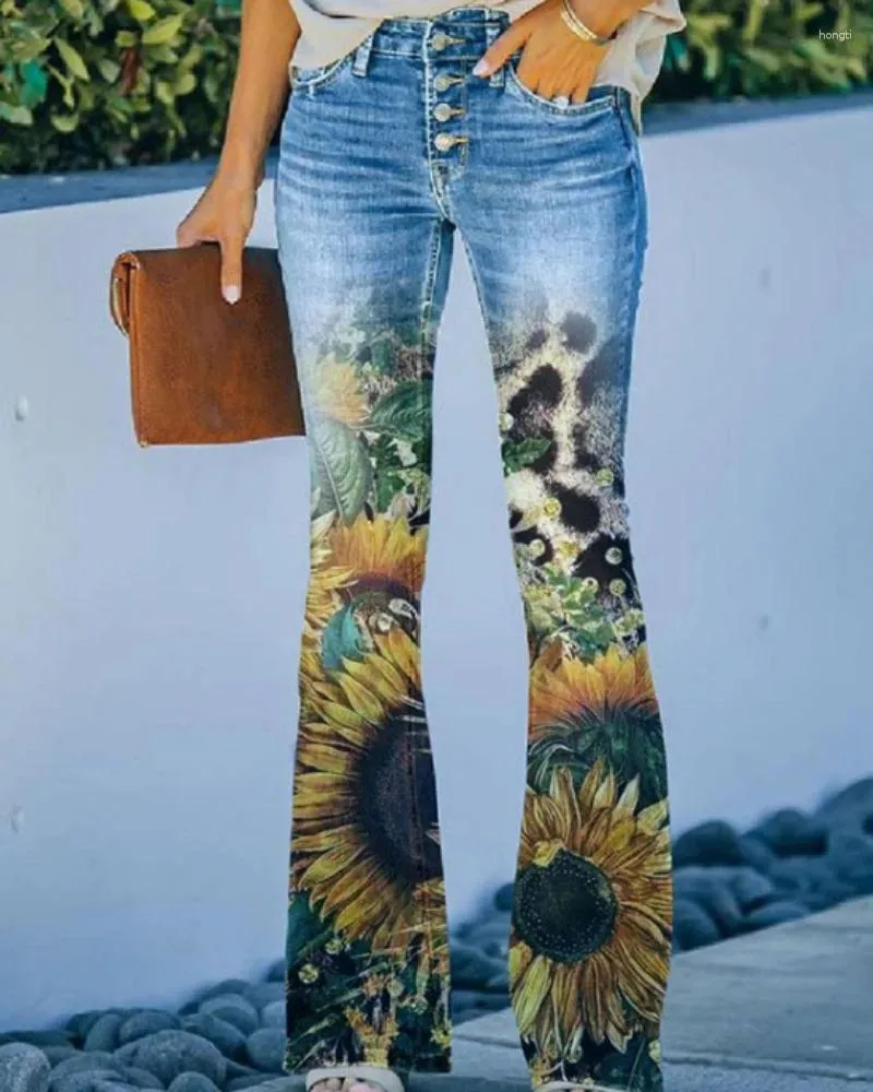 Jeans pour femmes baggy pour femmes hautes taille large jambe denim pantalon fleuri