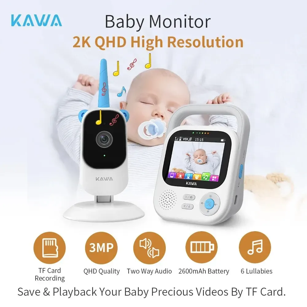 Monitora a câmera de bebê com monitor Kawa 2K HD Electronic Baby Câmera de vigilância