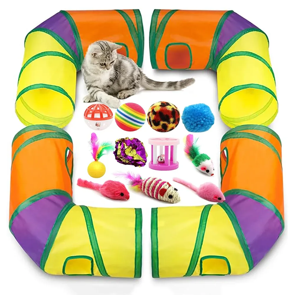 Toys Interactive Cat Toy Set for Indoor Cats with Collapsible L Shape Cat Play Tunnel Tube Tent Cat Wand Teaser Cat Springs Mouse Toy