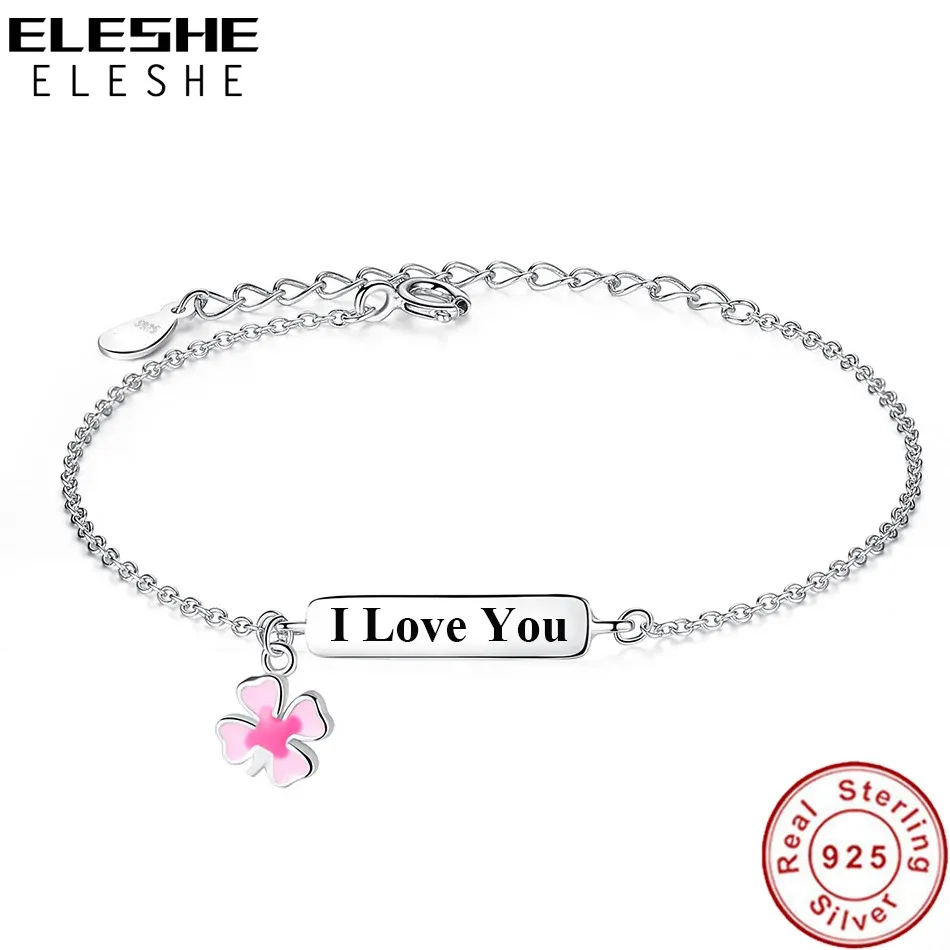 Strands ELESHE 925 Sterling Silver Bracelet Pink Lucky Clover Bracelet Custom Baby Name BraceletPersonalized Girl Children Jewelry Gift