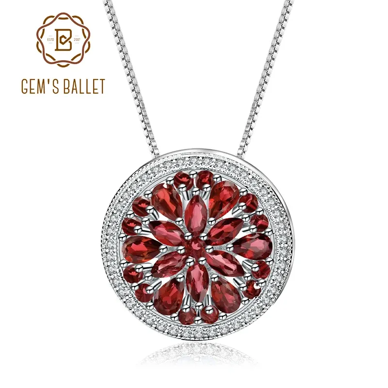 Colares Pingente de pedras preciosos de penteado de granada vermelho de balé de geme para mulheres elegantes 925 Colar de pingente redondo STERLING STERLING ROUNT