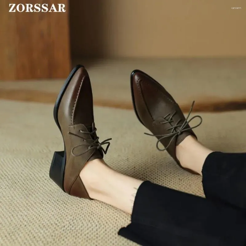 Scarpe casual Donne classiche Pompe Spring Autumn Office da donna bassa tacchi a basso contenuto di vera pelle Lace-up con tacco alto tacco