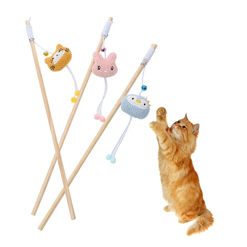 Toys Cat toy wooden pole Cute animal shape plush cuddly cat stick with bell interactive fun pet supplies