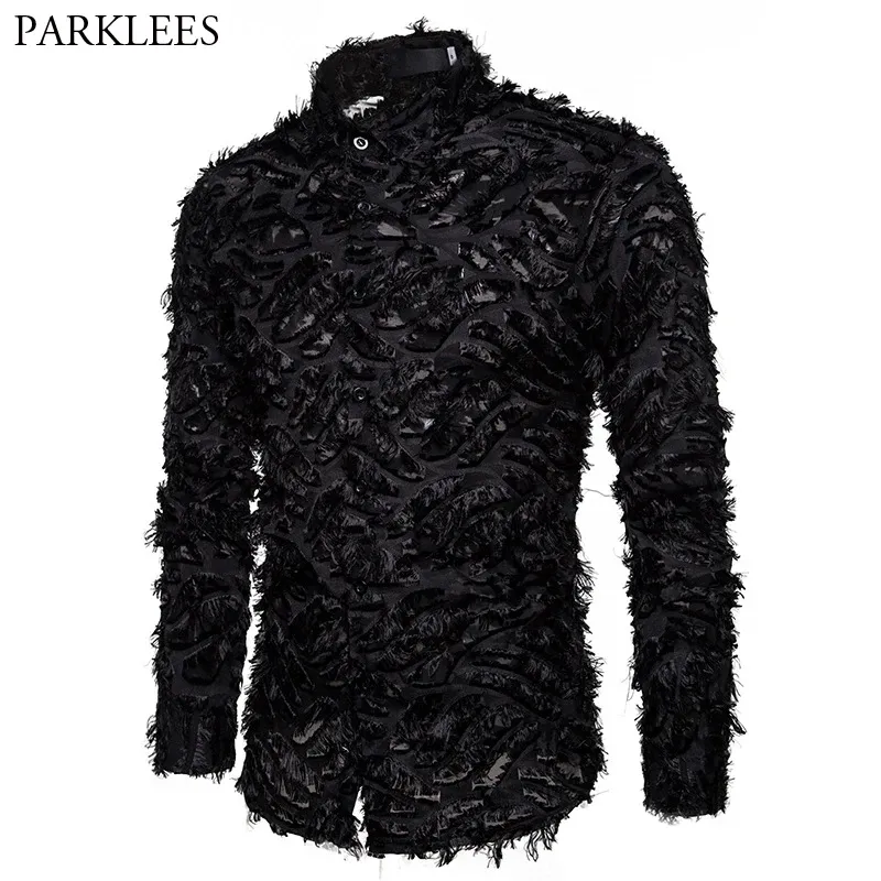 Shirts Sexy Black Feather Lace Shirt Men 2022 Fashion See Through Clubwear Dress Shirts Mens Event Party Prom Transparent Chemise S3xl