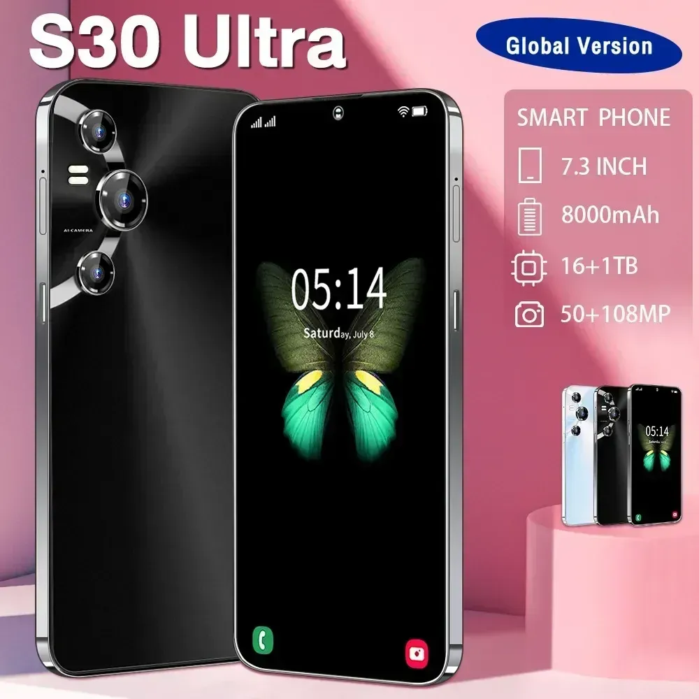 العلامة التجارية الجديدة S30 Ultra Android Smartphone 16+1TB6.53 بوصة Face Unlock Phone 4G Mobile Passion Fashion High Instability Performance هاتف محمول