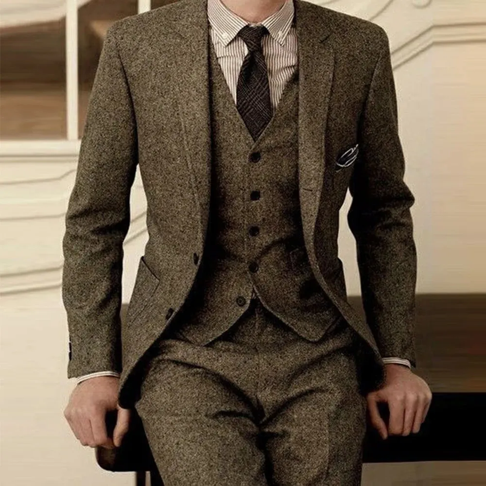 Blazer voor mannen ontwerpt bruin tweed pak vintage winter formele bruiloft pakken heren klassiek 3 stuks 240407