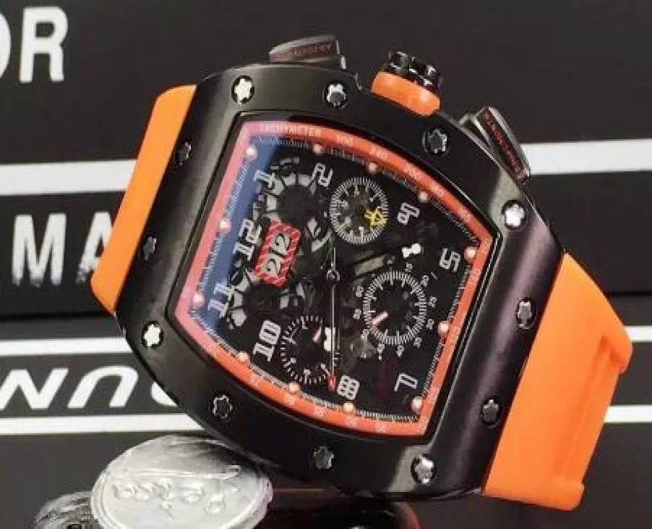 Mode svart gummi ansikte means mekanisk automatisk klocka lyx Felipe Massa flyback skelett transparent datum män sport armband6660946