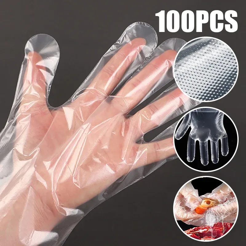 Handschuhe 100pcs Einweghandschuhe transparent wasserdichte saubere hygienische Kunststofffruchthandschuhe Lebensmittel Verdickung Film Einwegküchenware