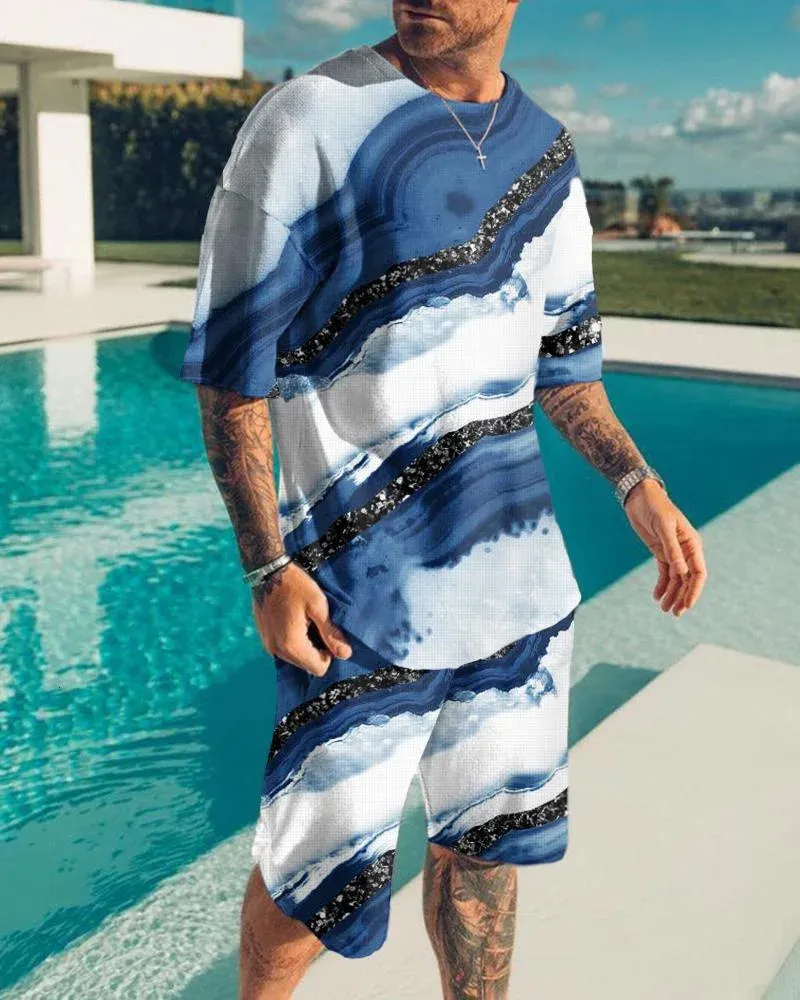 Summer Mens Suit 3d Printig Geometric Patterns с коротким рукавом шорты для рубашки мода с двумя частями уличная одежда 240415