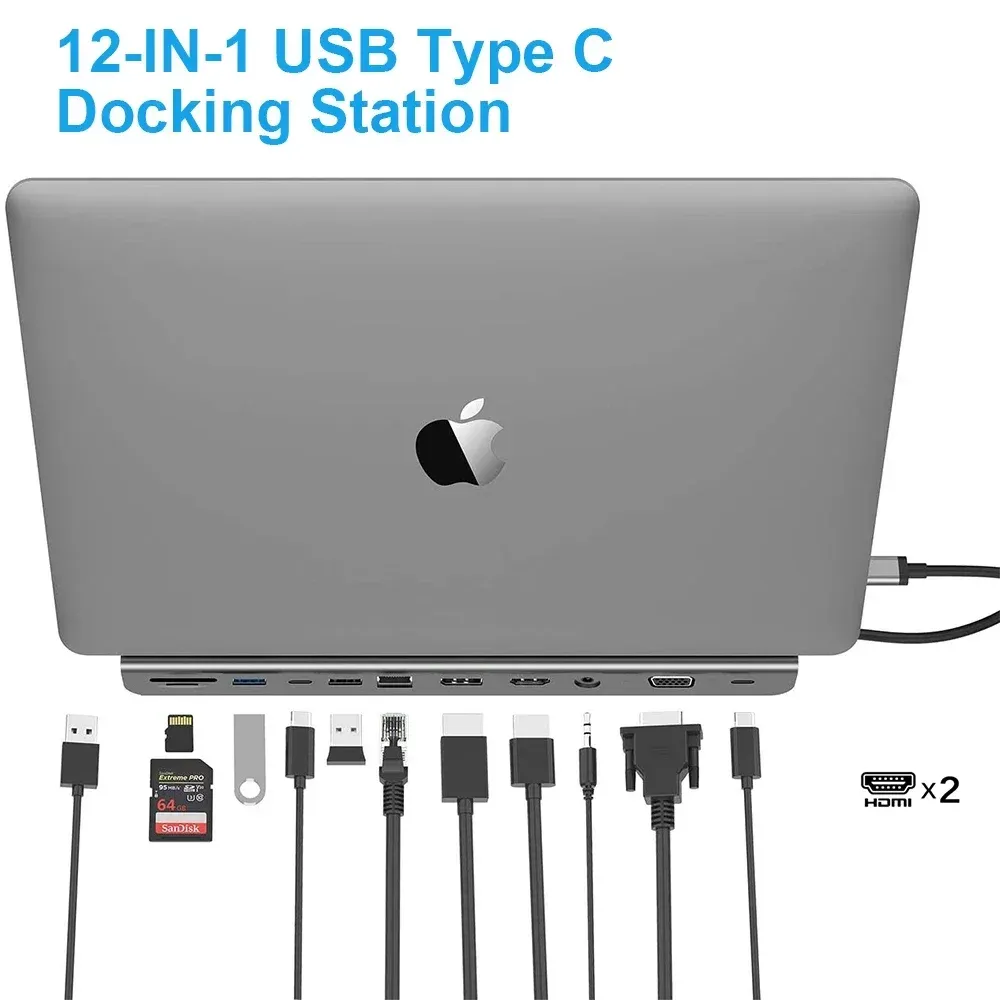 Hubs USB C Hub MST Triple Monitor Docking Docking Stacja rozszerzona z dwoma HDMI VGA RJ45 Ethernet SD TF PD Aux dla MacBook Surface