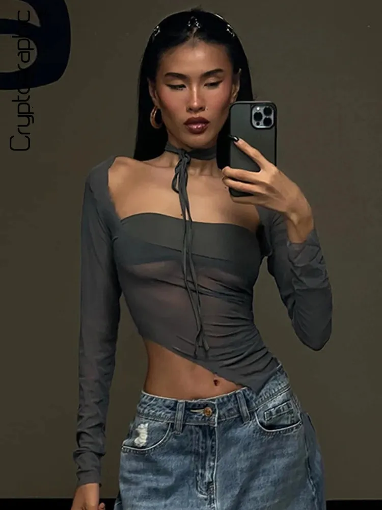 Cryptographic Fashion Mesh Sheer Halter Topps Women Square Collar Kort ärm T-shirts Top Tee Croped Y2K Club Party Streetwear 240416