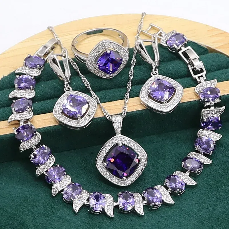 Brins géométriques violet Amethyst 925 Bijoux en argent sterling ensemble pour femmes bracelet Boucles d'oreilles