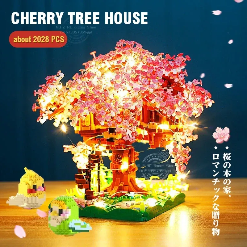 Bloki Sakura Flower Treehouse DIY Model Micro Building Block Decorations Creative Street View Brick Cherry Blossom Kid Prezent zabawek