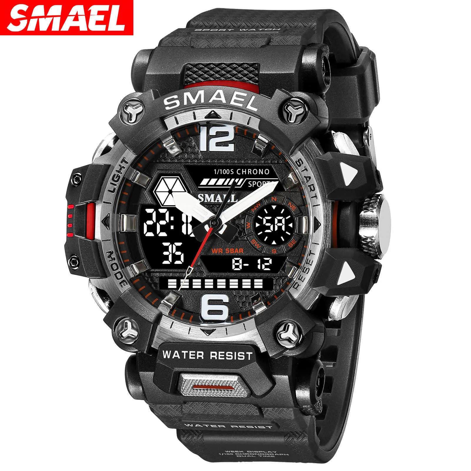 Smael Outdoor Tactical Mens Alloy Militaire stijl Horloge Night Glow waterdicht Dual Display Quartz Elektronisch horloge