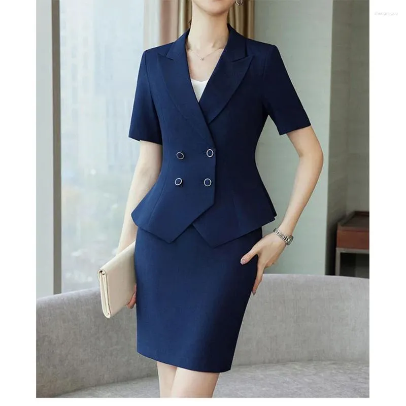 Vestido de duas peças de traje de negócios de verão para mulheres jaqueta de manga curta e saia escritório formal lady ladra azul escuro uniforme de trabalho