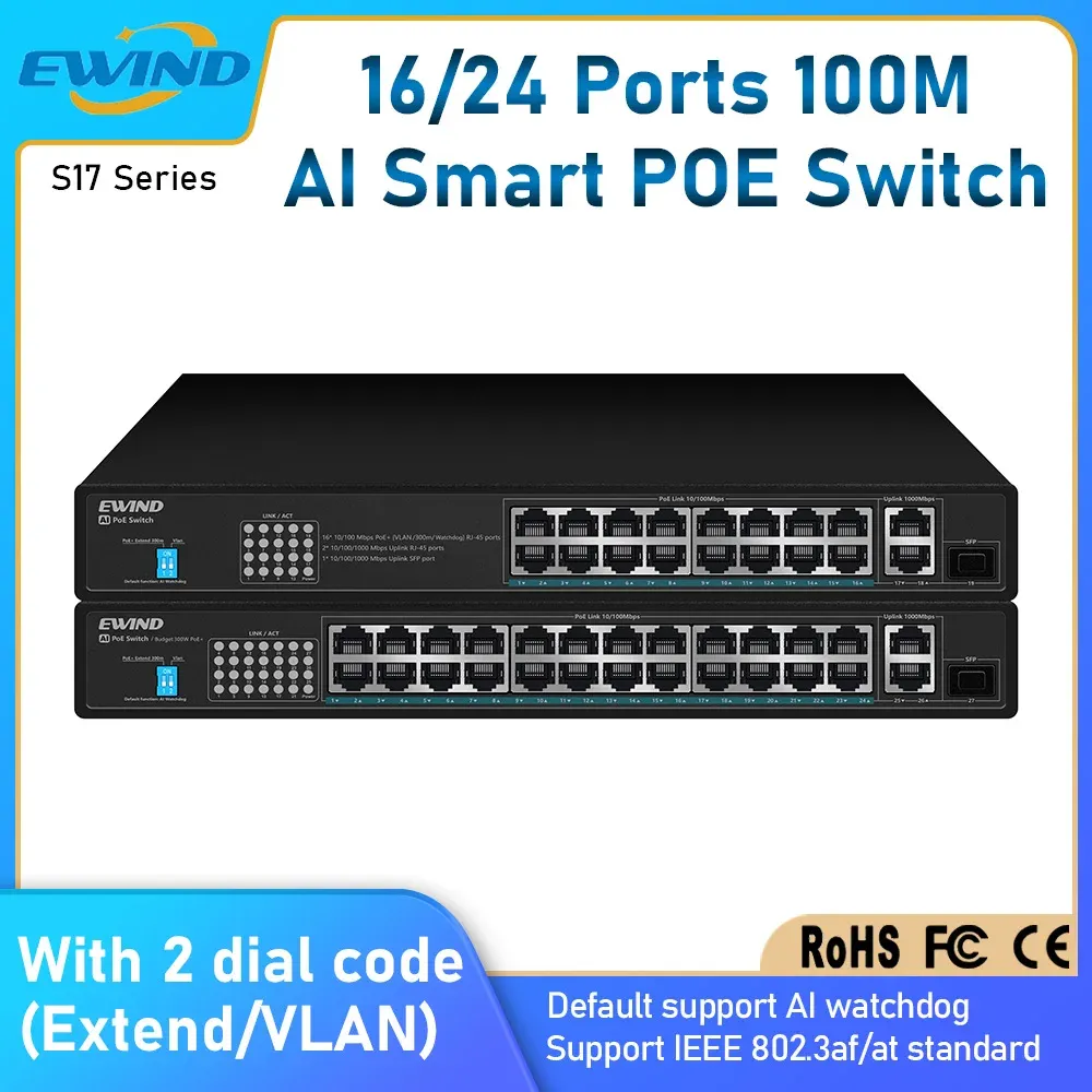 التحكم في Ewind 100m 16/24 POE Switch Switch Switch مع 2 10/100/1000M منافذ الوصلة الصاعدة RJ45 و 1 100/1000M SFP SLOT AI SMART STILL