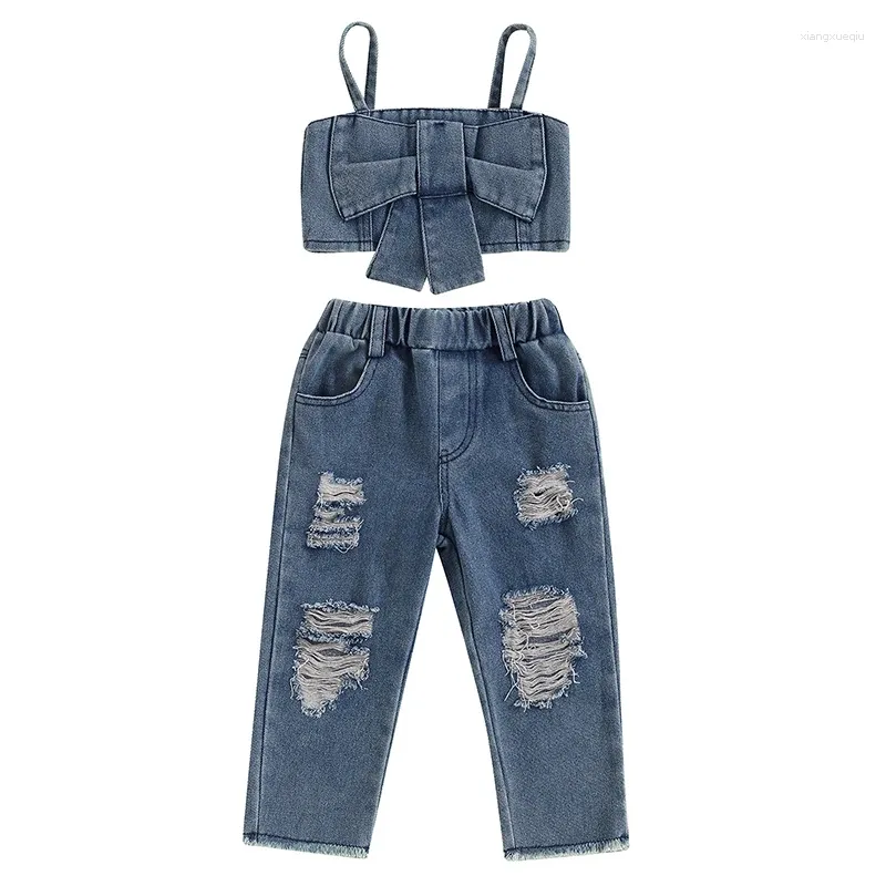 Clothing Sets Kids Girls Summer Denim Outfits Fashion Bowknot Sleeveless Cami Tops And Ripped Pants Jeans 2Pcs Clothes Set