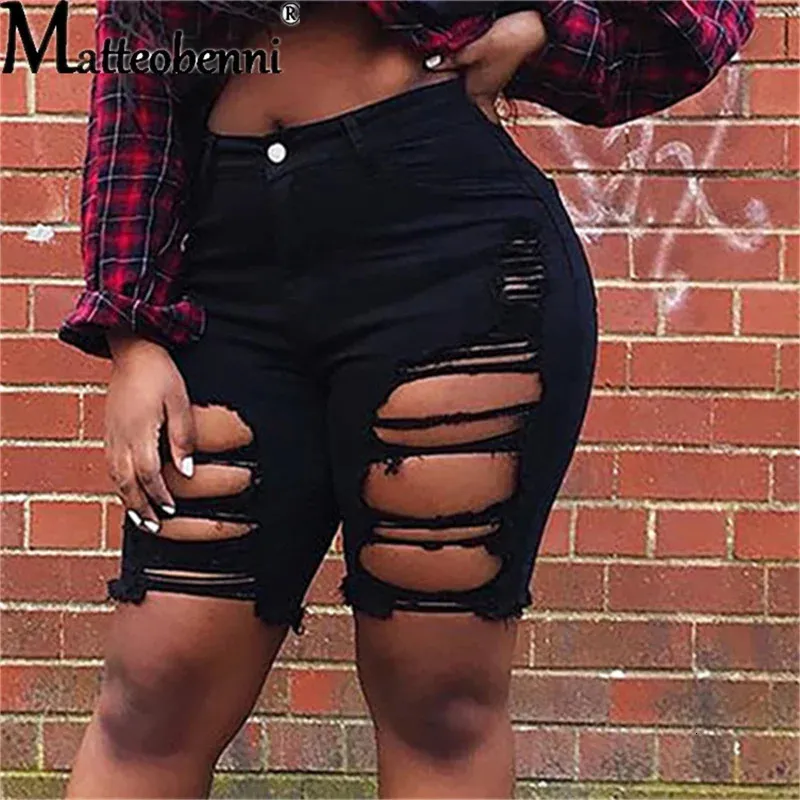 Sexy até os joelhos rasgaram shorts jeans push up Stretch High Casker Biker Jeans Short Ladies Summer Street Shorts pretos 240422