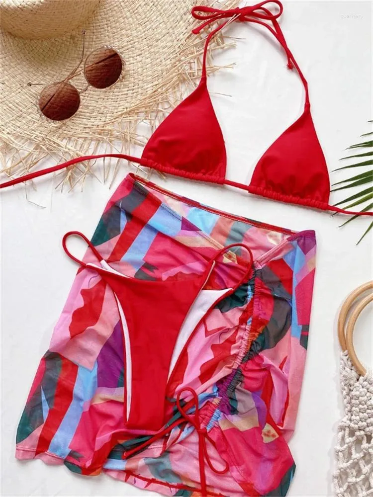 Women's Swimwear Bikini Women Swimsuit 2024 Red Halter Bikinis Set Sexy Backless Summer Three Piece Beach Wear Bathing Suit Female