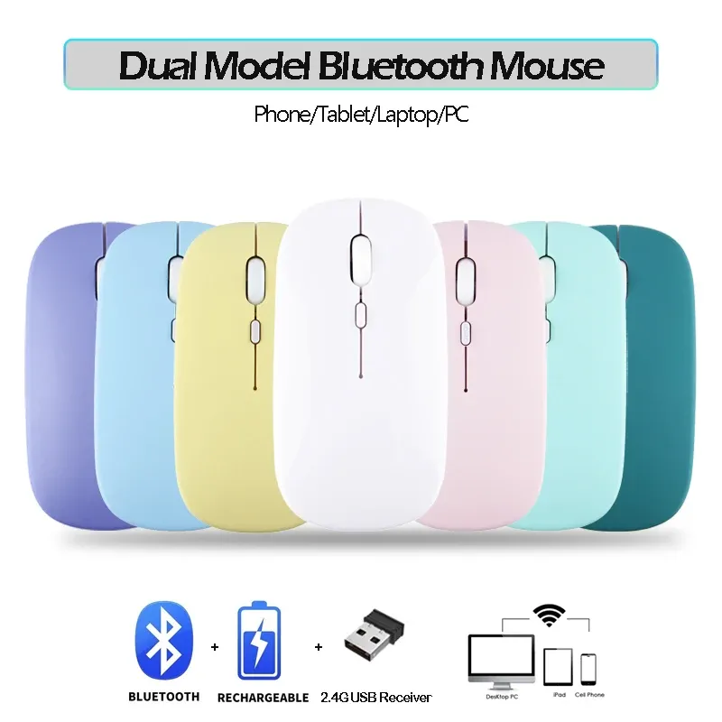 Souris silencieuse souris sans fil de souris rechargeable du modèle Dula Tablet Bluetooth Compatible souris pour iPad / Samsung / Huawei Souris d'ordinateur portable 2,4g mause