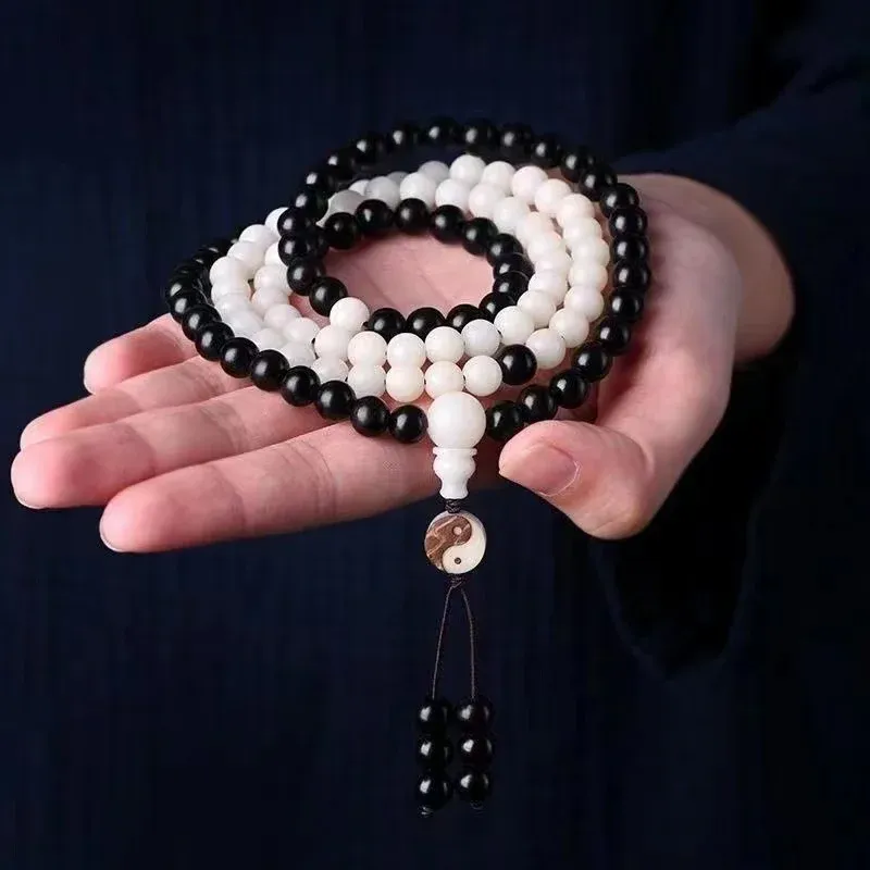 Strands Natural White Bodhi Ebony Beads 108 Mixed Beads Taoist Beads Yin Yang Tai Chi Eight Diagrams Bracelet for Men and Women
