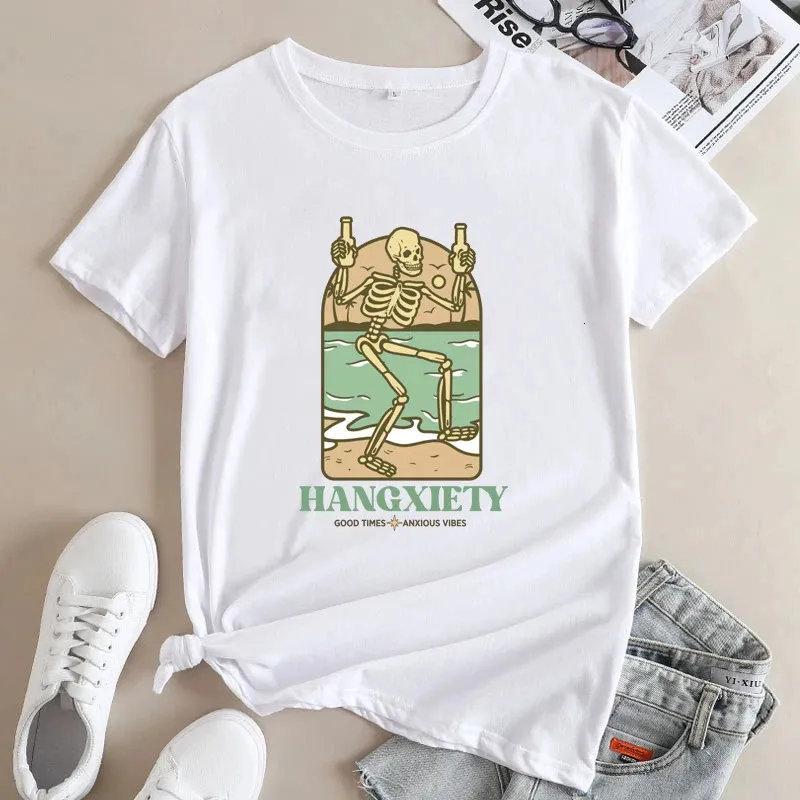 Hangxiety szkielet impreza picia zabawne kobiety na plaży wakacyjna koszulka estetyczna letnie wibracje T-shirt Camiseta 240409