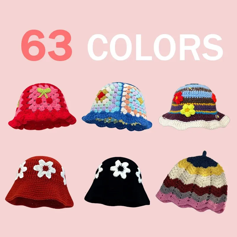 63Colors Korean Handmade Bucket Hat Autumn Hat Womens Sticked Hat Y2K Fashion Flowers Winter Beanies Fishmans Hat 240417