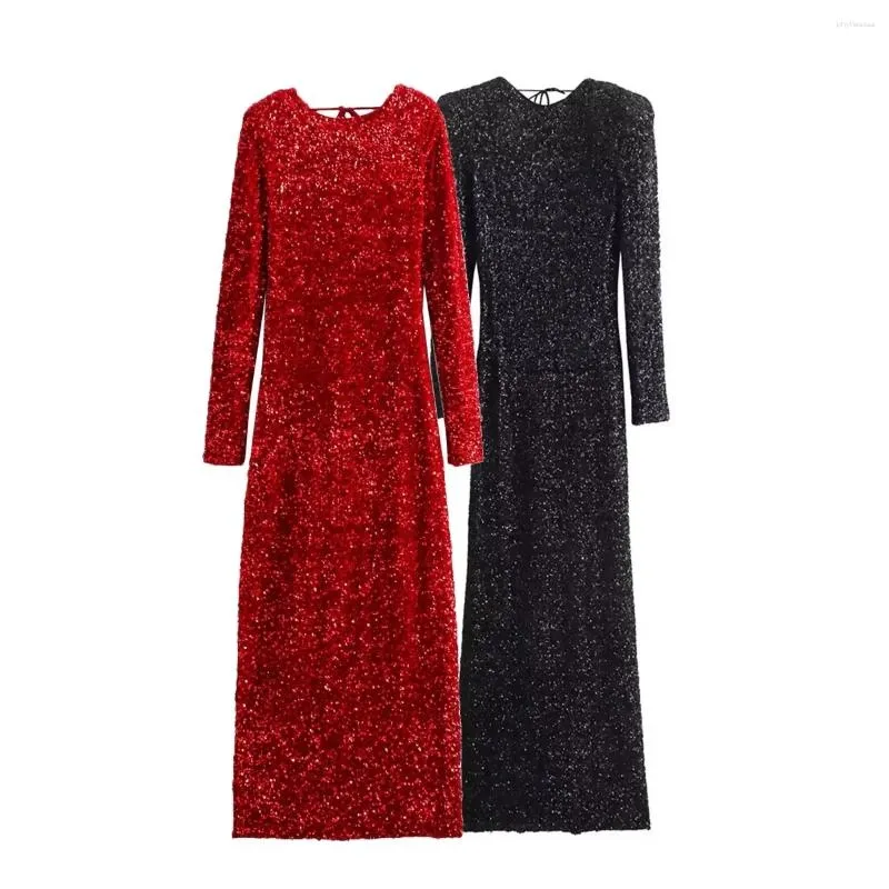 Robes décontractées paillettes robes arrière femme mode noire paillettes longues manches féminines en soirée