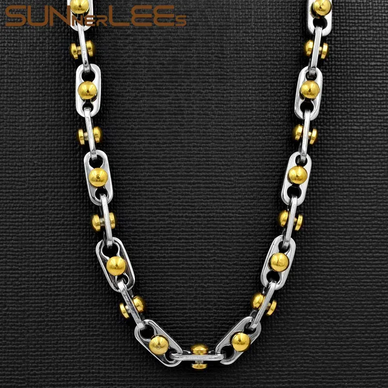 Colliers Sunnerlees 316L Collier en acier inoxydable 6 mm perles géométriques Chaîne Silver Color Gold Men Femme Femmes Bijoux Gift Sc163