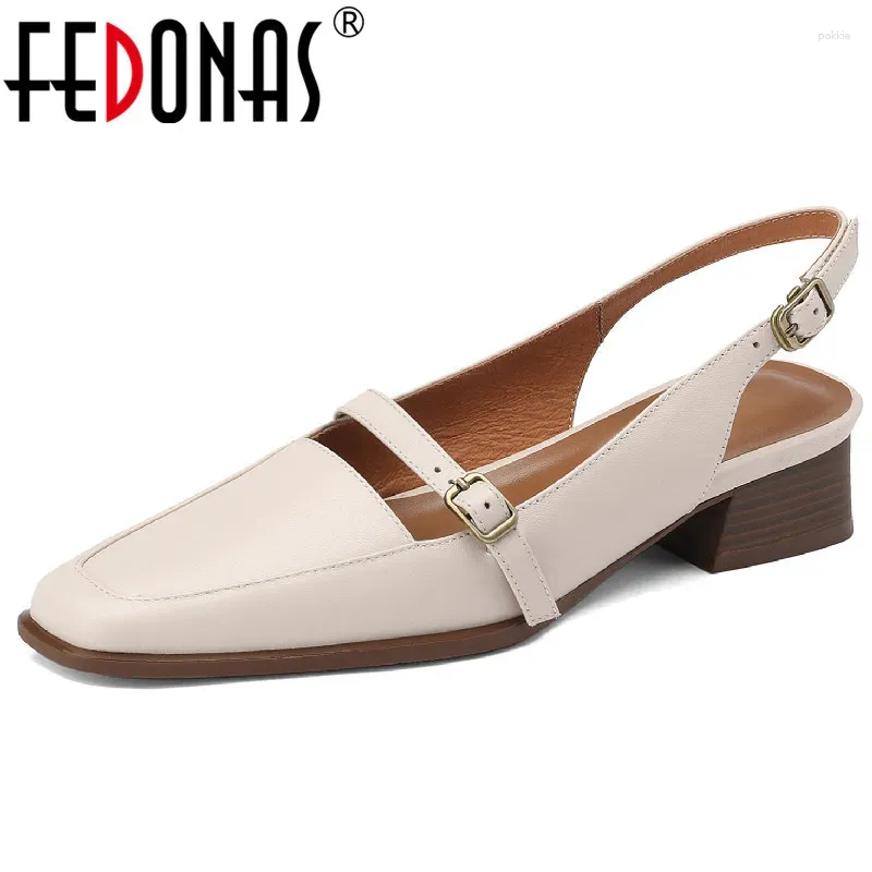 Scarpe casual fedonas di alta qualità vera pelle donna pompa pompa vintage per ufficio maturo signore di punta quadrata tacchi bassi sandali sandali donne