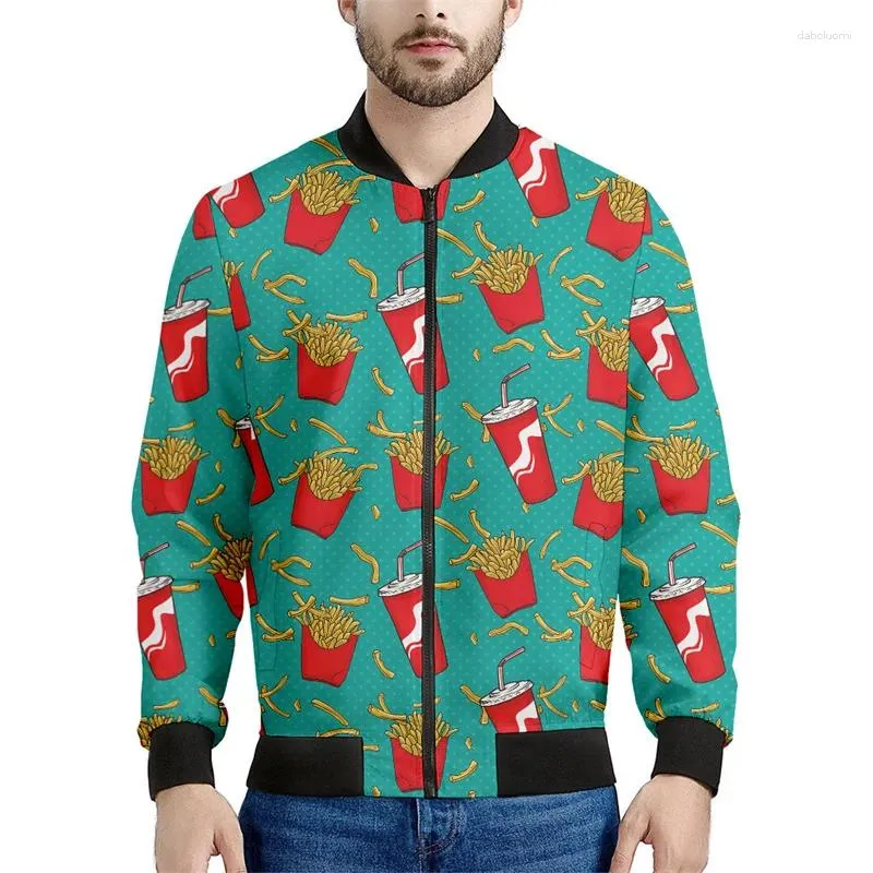 Jackets masculinos desenho animado batatas fritas Padrão Imprimir jaqueta de bombardeiro 3D Molho de mangas compridas Coat de zíper de rua de tamanho grande