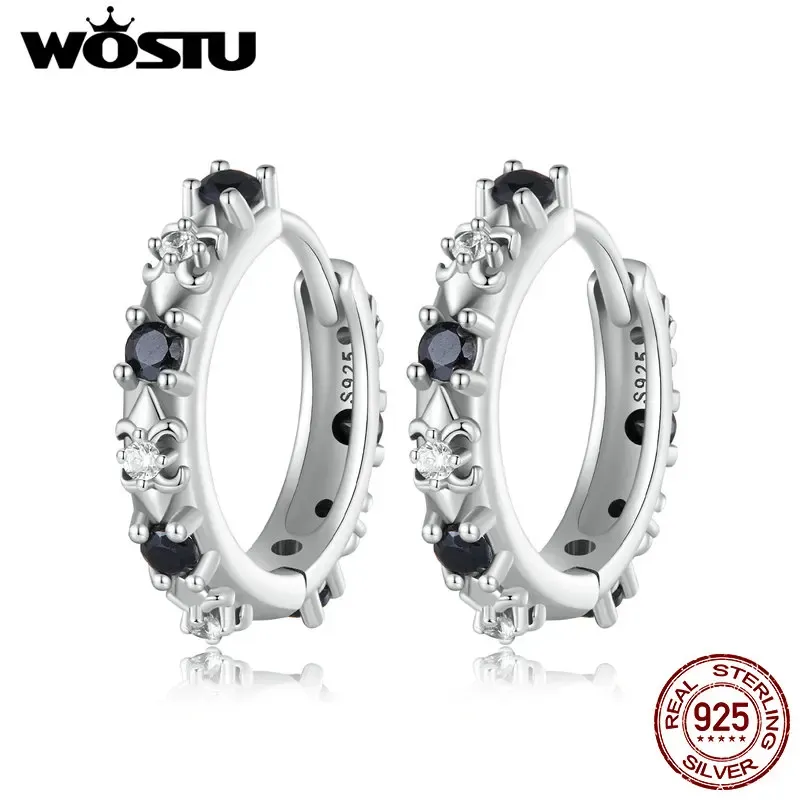 Brincos wostu original 925 prata esterlina clipes de ouvido de prata esterlina 10 mm com jóias finas de zircão preto para mulheres presentes diários da festa