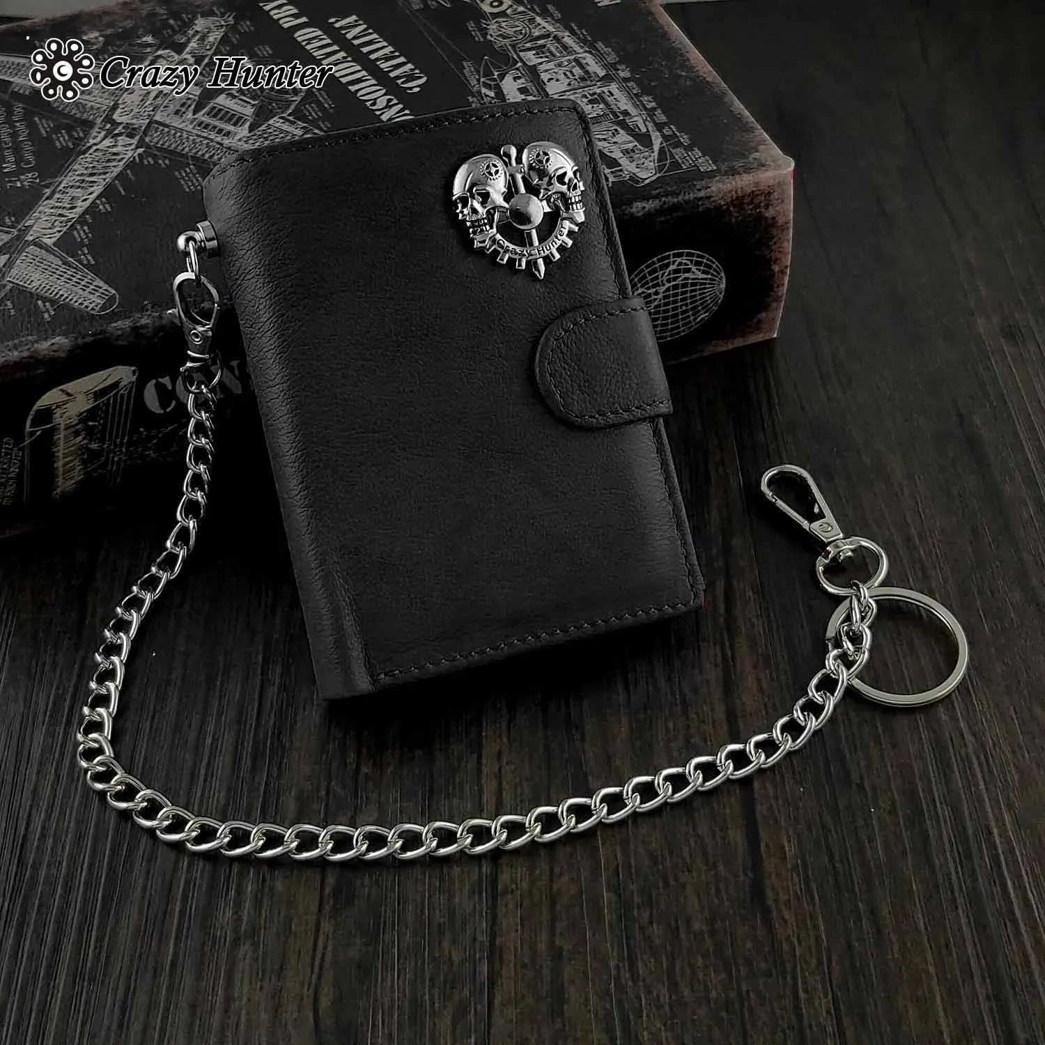 Wallets Men's Genuine Leather Snap Card/money Skull Biker Wallet with Safe Key Chain