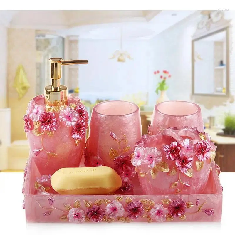 Set di accessori per bagno Set rosa floreale Floral Dispenser per bombole di spazzolino a tazza di piatto di stoccaggio per la casa