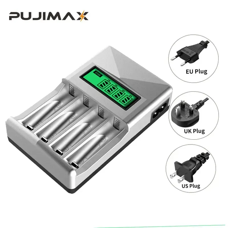 LCD-001 PUJIMAX 4 SLOTS LCD Display Smart Battery Charger US/EU/UK Plug Power Adapter för AA/AAA NI-CD NI-MH Uppladdningsbara batterier med väskor Package