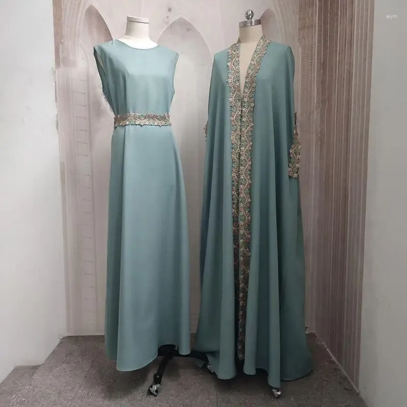 Roupas étnicas luxuosas de alta qualidade abaya 2 peças conjuntos de festas dubai vestidos de noite eid muçulmano manto islâmico kaftan peru meio meio