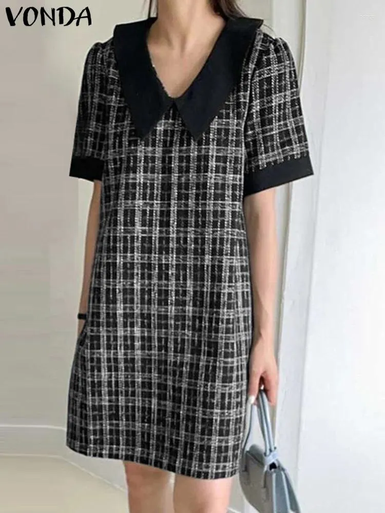 Casual Dresses Vonda Bohemian Elegant Mini Dress Women Short Sleeve Lapel Plaid Vestidos 2024 Summer Robe Office Streetwear Sundress