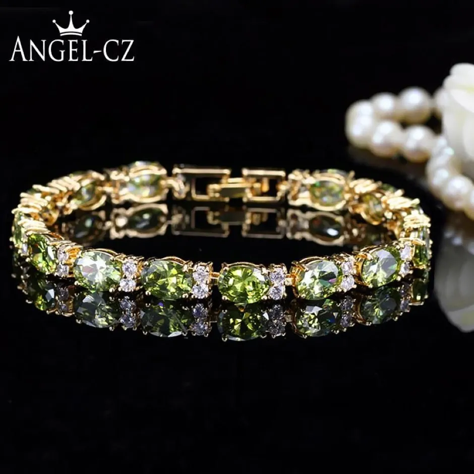 Dubai Yellow Gold Color Jewelry Oval Olive Green Crystal Connect Bling CZ Classy Ladies Bracelet Bangle For Women AB079 Link Chai174K
