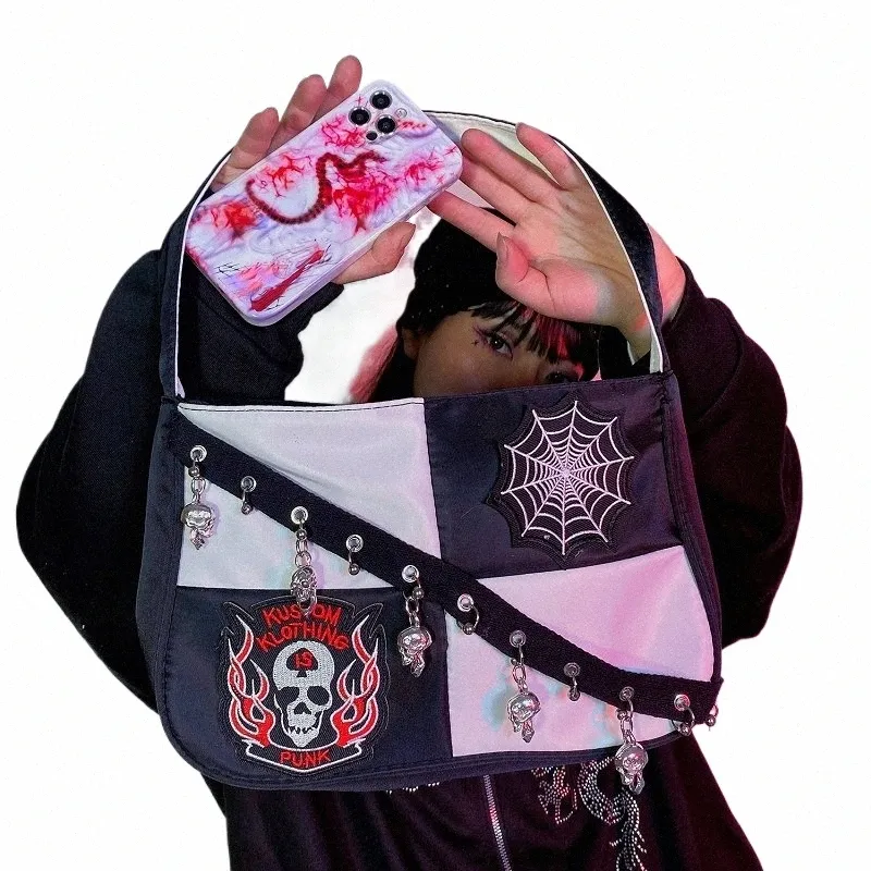 harajuku Y2K Woman Girls Gothic Balck White Lattice Nyl Single Shoulder Underarm Bag Tote Punk Skull Pendant Handbags Female X9Yl#