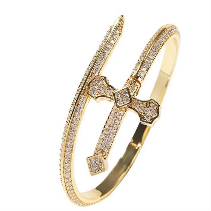 Nouveau Iced Out Bling CZ Justice Sword Bangle Gold Silver Color Cumbic Zircon Cross Bracelet For Women Men Hiphop Bijoux AB177