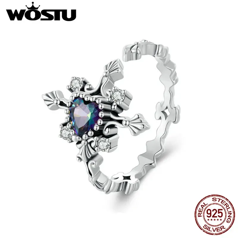 Anneaux Wostu 925 Sterling Silver Rainbow Mystic Quartz Cross Open Anneaux pour les femmes Retro Eternity Faith Ring Party Jewelry Family Gift