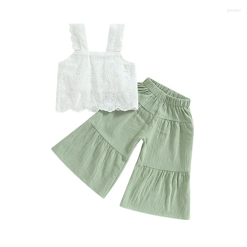 Clothing Sets Honganda Trendy 2Pcs Little Kids Toddler Baby Girl Summer Outfit Sleeveless Lace Crop Top With Wide Leg Pants Clothes Set