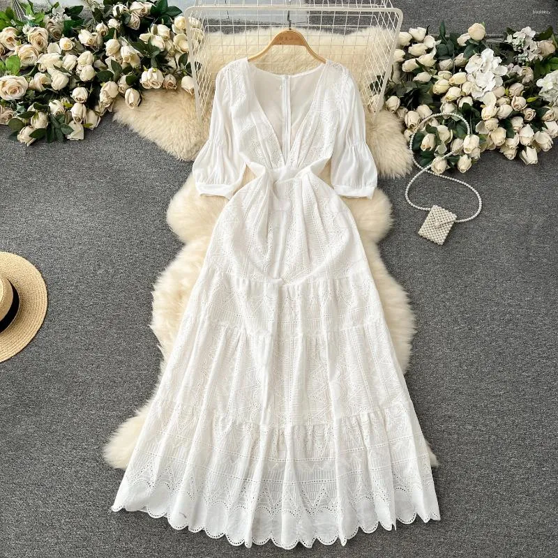 Casual Dresses Summer Long White Dress For Women Chic Floral Lace Deep V-Neck Hollow Ruched Wave Cut Bohemian Cotton In 2024