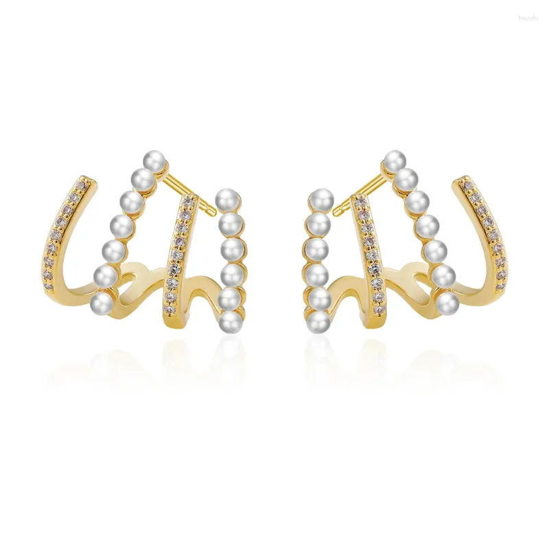Stud Earrings White Shell Pearl Cubic Zirconia Half Hoop Gold Plated Claw That Look Like Multiple Piercings