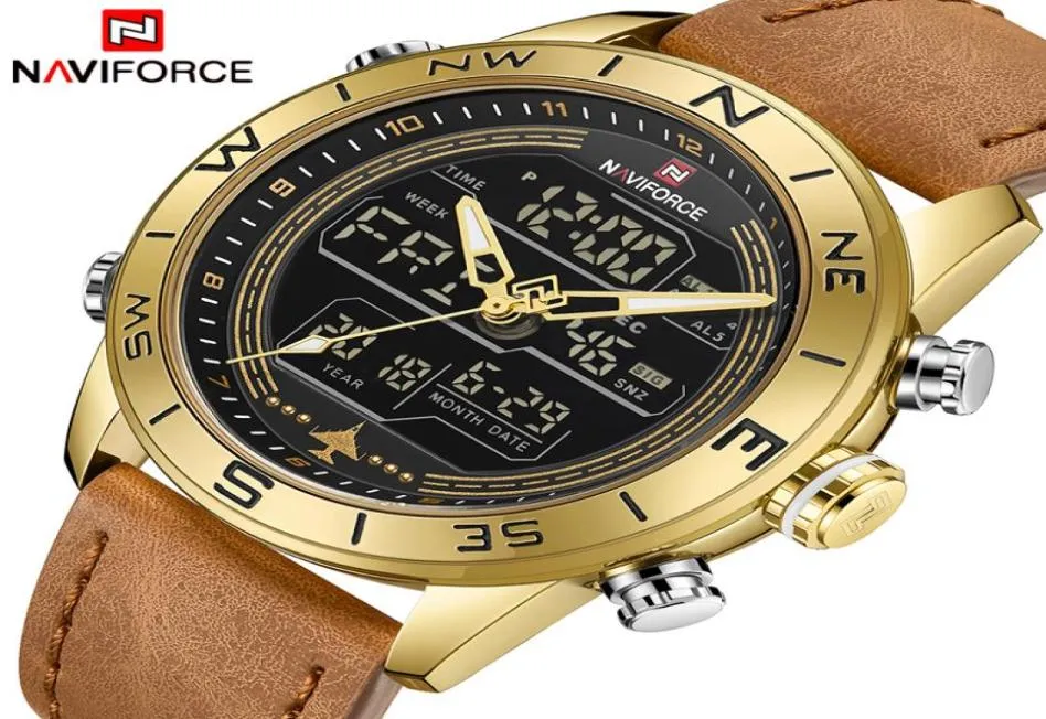 Mannen kijkt Naviforce topmerk luxe lederen sportpolhorloge mannen waterdichte militaire kwarts digitale klok relogio masculino6220037