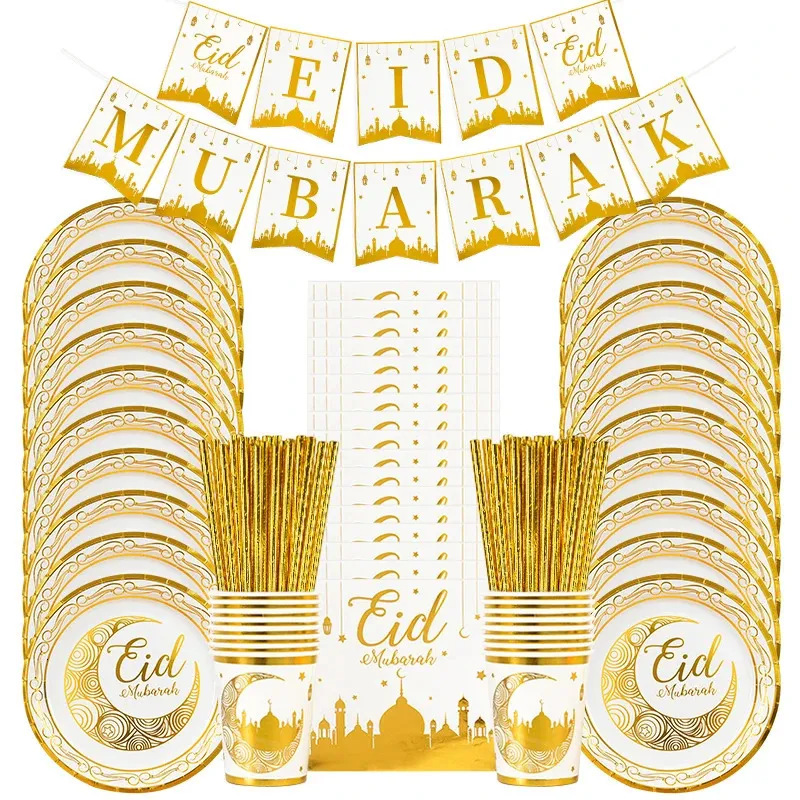 Eid Mubarak Table de vajilla desechable Copa de oro Panner Bolsas de regalo Suministros de fiesta islámicos de fiesta musulmán 2024 Ramadan Kareem Decorations 240422